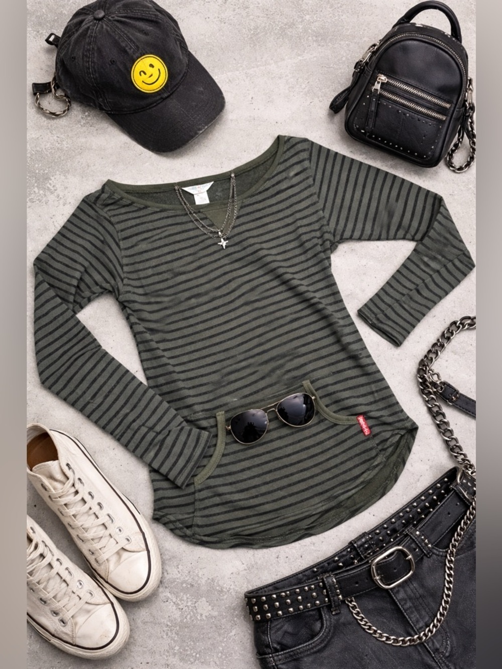 Vintage Hard Tail Striped Kangaroo Pocket Sweatshirt Top XS Olive Green Y2K